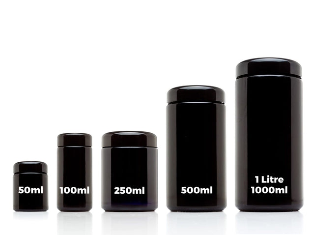 ULTRA JARS 1 Litre (1000ml) Wide Mouth UV Glass Jar with Black Screw Top Lid