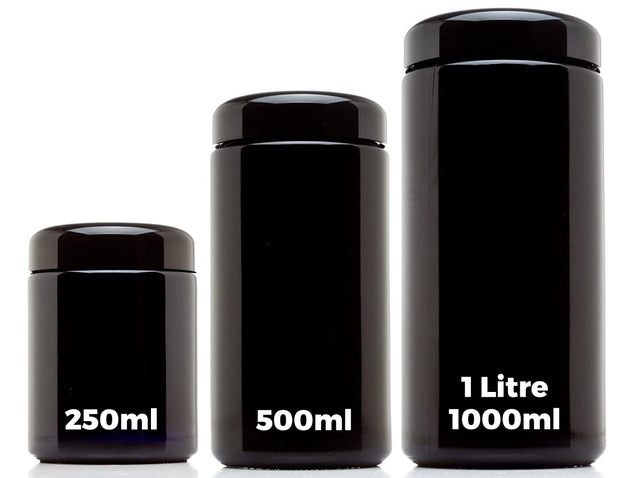 ULTRA JARS 1 Litre (1000ml) Wide Mouth UV Glass Jar with Black Screw Top Lid